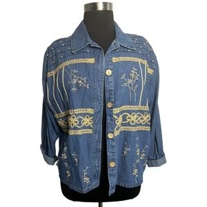 VTG Tantrums Women XL Macrame Beads Button Down Denim Blue Shirt Casual Retro 80